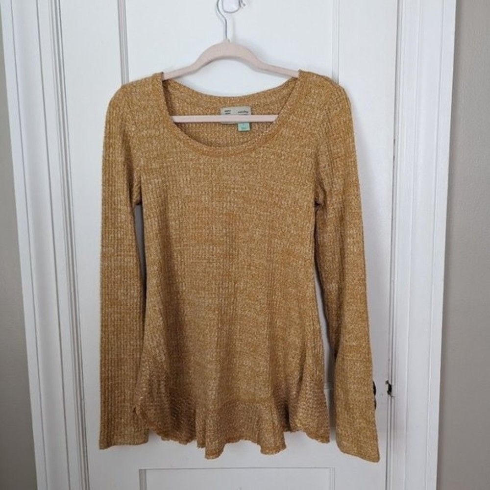 Anthropologie | Gold Chenille Ribbed Peplum Sweater Size S